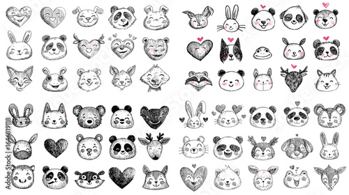 Adorable hand-drawn animal face doodle collection with various expressions, perfect for kids’ designs, greeting cards, and playful illustration projects.