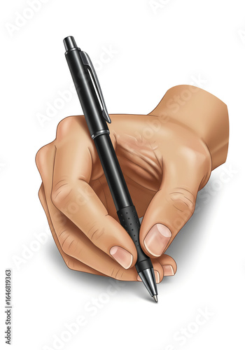 Realistic vector of a light cream human hand holding and writing with a pen, detailed shadows from top-down light, isolated on pure white background