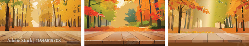 A beautiful outdoor product presentation mockup, featuring a clean wood countertop on a blurred autumn forest background, ideal for food or cosmetics design.