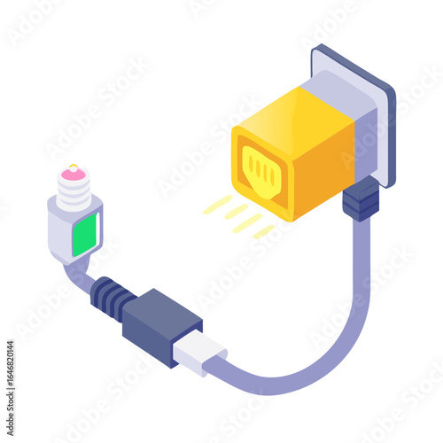 Isometric illustration of a server connected to a power supply isolated on white background