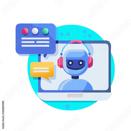 Chatbot on a computer screen with speech bubbles isolated on white background