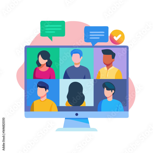 Online video conference on a computer screen with six people isolated on white background