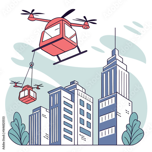 Innovative aerial delivery drones transport cargo between skyscrapers in a modern city skyline showcasing futuristic urban logistics and technology