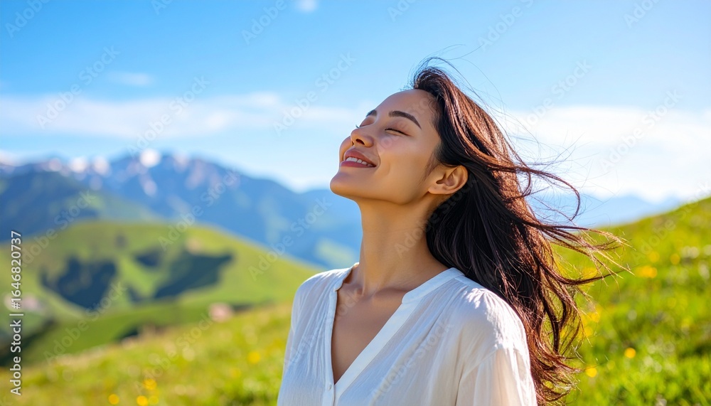 山を望む丘で微笑む女性,Smiling Japanese Woman on a Hill with Mountain View 山を望む丘で微笑む女性,Smiling Japanese Woman on a Hill with Mountain View