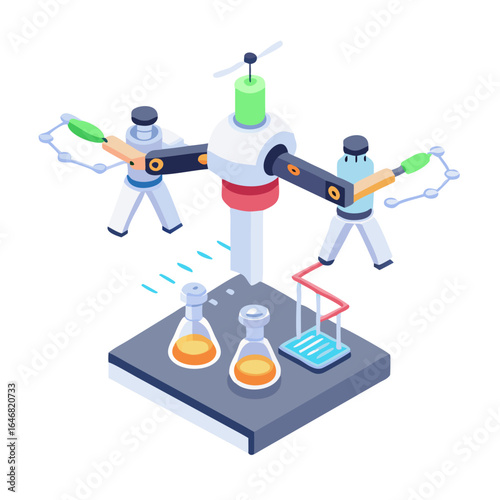 Robots conducting a scientific experiment in a laboratory isolated on white background