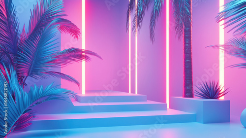 Cinematic photography style with asymmetrical neon lighting integrated into a minimalistic white background. 