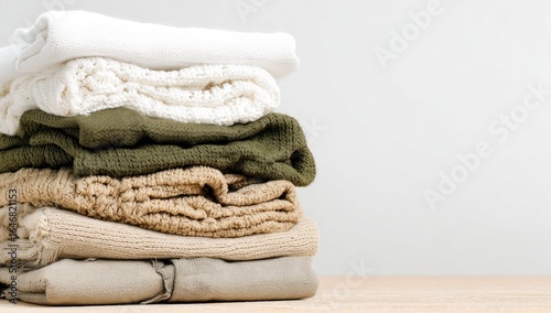 Stack of folded clothes in neutral colors