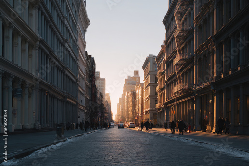 minimalist urban landscape that captures essence of new york city featuring historic buildings