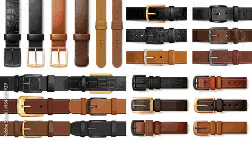 Stylish leather belt set featuring various colors, textures, and buckle designs, perfect for fashion accessories, apparel design, and retail display concepts.