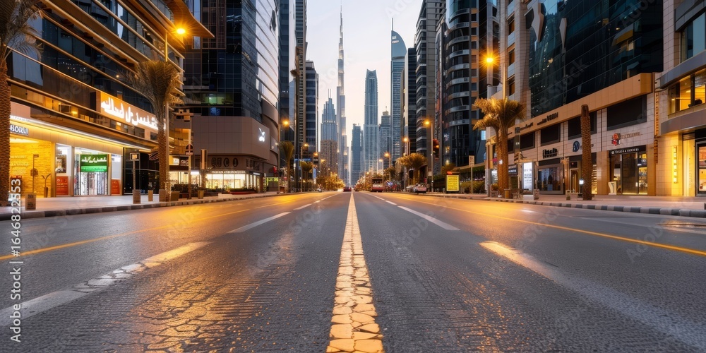 Naklejka premium Empty sheikh zayed road showing burj khalifa at sunrise in dubai, united arab emirates