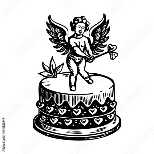 A vintage style illustration denoting decorative cupid cake