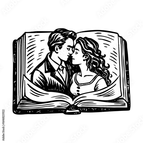 Vintage style illustration showing romantic novel book cover