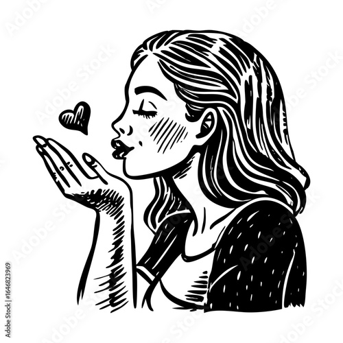 A vintage illustration showing a woman blowing kiss 