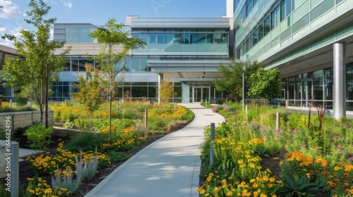 Fototapeta Naklejka Na Ścianę i Meble -  
A hospital exterior surrounded by a landscaped garden, integrating nature with modern healthcare design