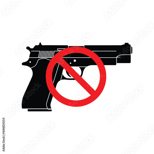 A gun with a red prohibition sign, isolated on white background, representing gun control, safety, and the prevention of violence and crime