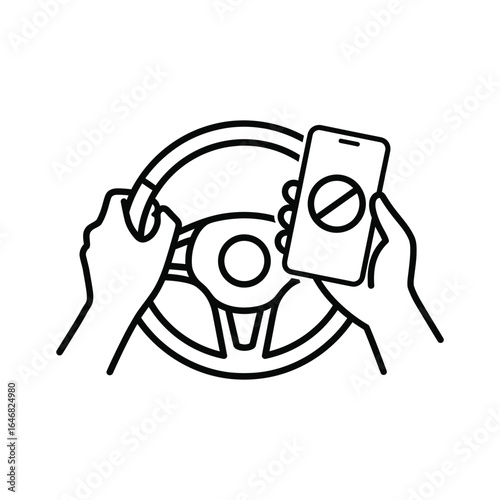 No texting while driving icon isolated on white background representing the danger and prohibition of using a mobile phone while driving