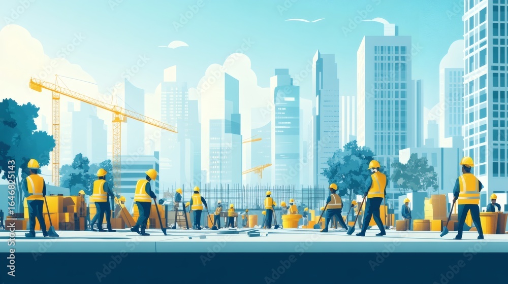 Obraz premium Construction workers cleaning up a site in a modern city.