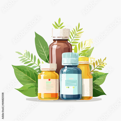 Wellness product display with supplements and herbal bottles in neat style