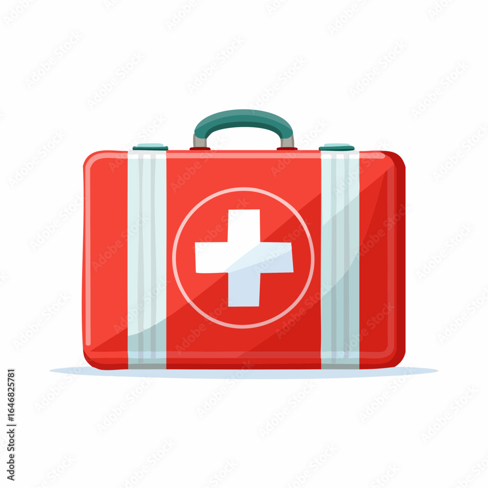 Obraz premium Simple red and white first aid kit with cross symbol in minimal style