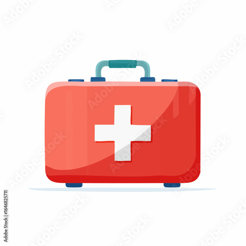 Simple red and white first aid kit with cross symbol in minimal style