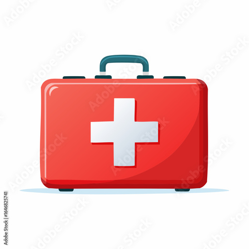 Simple red and white first aid kit with cross symbol in minimal style
