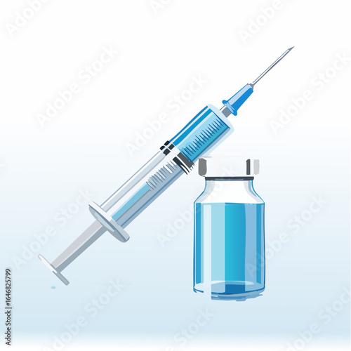 Vaccine syringe and vial in blue and white with clean medical style
