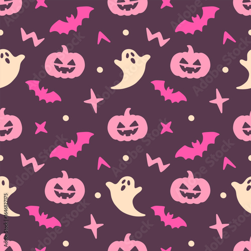 Pink seamless Halloween pattern with scattered cute elements like ghosts, pumpkins, bats, and stars. Spooky yet fun, whimsical design in pink colors. Vector Helloween seamless pattern.
