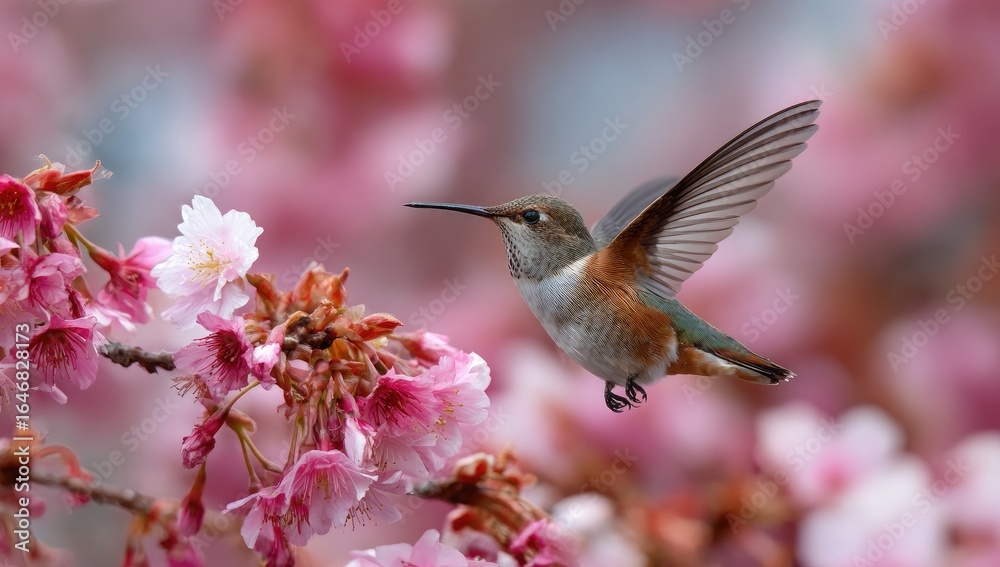 Fototapeta premium A hummingbird in flight, amidst vibrant pink cherry blossoms