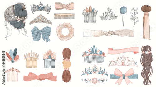 Elegant collection of hair accessories, bows, tiaras, and decorative headpieces in soft pastel tones. Perfect for fashion design, bridal styling, and illustration projects.