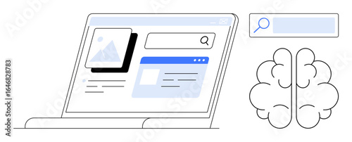 Laptop displaying search bar, image, and content interface beside brain icon. Ideal for AI, technology, innovation, web search, machine learning, data analysis simple landing page