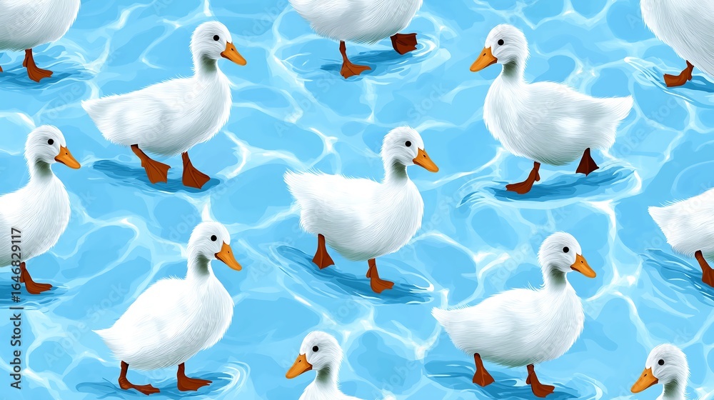 Fototapeta premium Whimsical Flock of White Ducks Swimming Gracefully in Rippling Blue Water