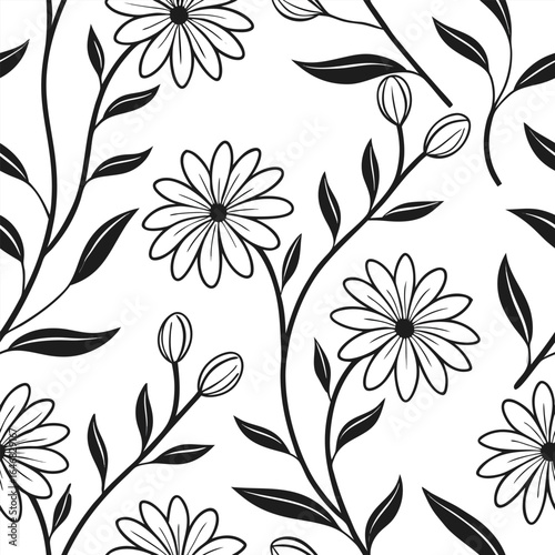 Black and white outline floral pattern with daisy flowers and leaves seamless repeat