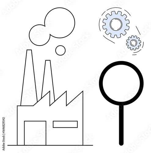 Factory emitting smoke, nearby gears in motion, magnifying glass symbolizing evaluation. Ideal for industry, business, manufacturing, problem-solving, process improvement analysis innovation. Clean