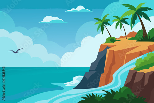 Tropical island cliff with waterfall and palm trees overlooking the ocean
