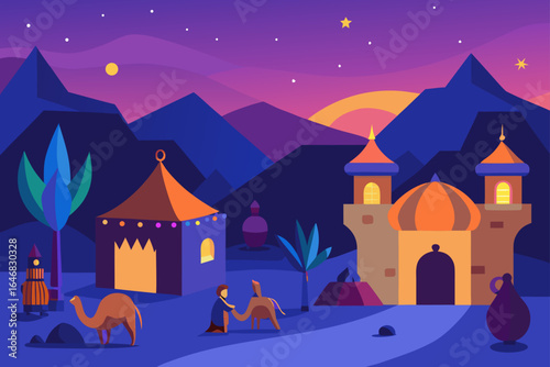 Desert oasis landscape with camel and arabian architecture at dusk