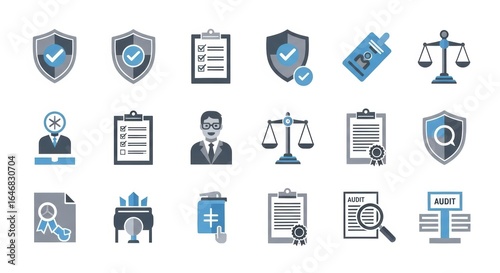 Collection of legal and business icons representing law, justice, finance, and corporate services