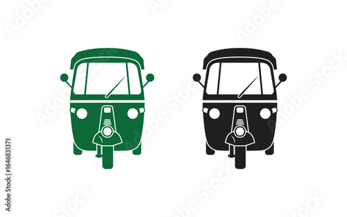 Two auto rickshaws, one green and one black, isolated on white background, representing urban transport and asian culture