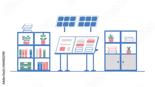 Illustration of an office interior with solar panels above a table and bookshelves on the sides