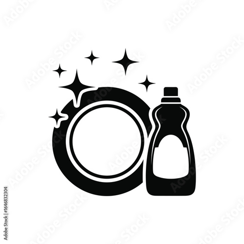 A clean plate and a bottle of dish soap with sparkles, isolated on white background, symbolizing cleanliness and household chores