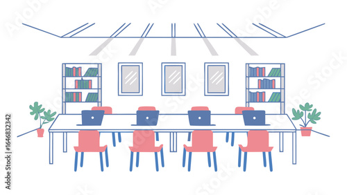 Illustration of a conference room with laptops chairs and bookshelves in a modern office space