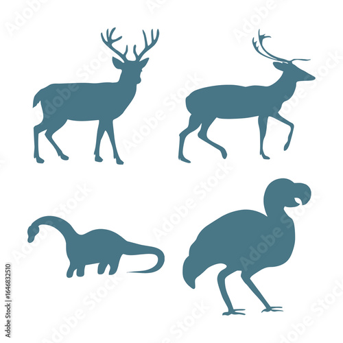 Vector art of diverse animal silhouettes including deer, a dinosaur, and a dodo bird, representing different eras and species, isolated on white background