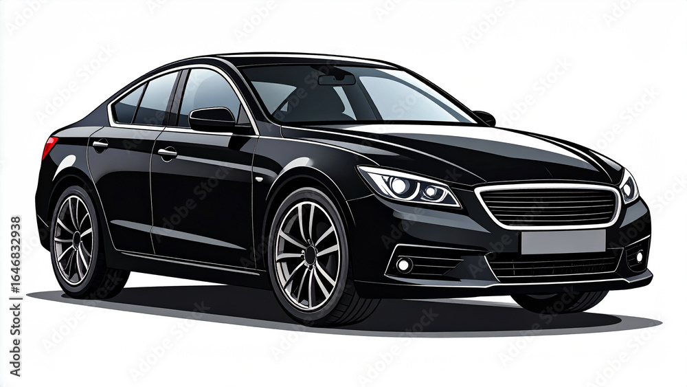 Naklejka premium Modern black sedan illustration with sharp clean edges. Vector graphic of a luxury car with a solid fill, isolated on a white background for design.