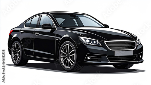 Modern black sedan illustration with sharp clean edges. Vector graphic of a luxury car with a solid fill, isolated on a white background for design.