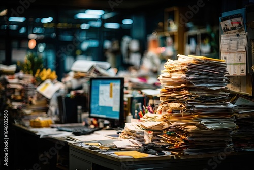 Cluttered office desk piled high with papers