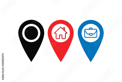 Location Pin Icons Representing Home Work and General Location Points in Black Red and Blue Colors