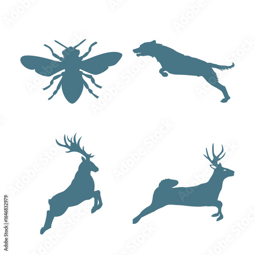 Vector art of set of animal silhouettes including a bee, wolf, and deer in different poses, isolated on white background