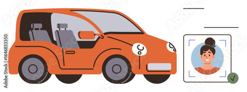 Compact orange vehicle with open interior view and a facial recognition screen displaying a verified driver. Ideal for transport, technology, innovation, identity, authentication, automation, modern