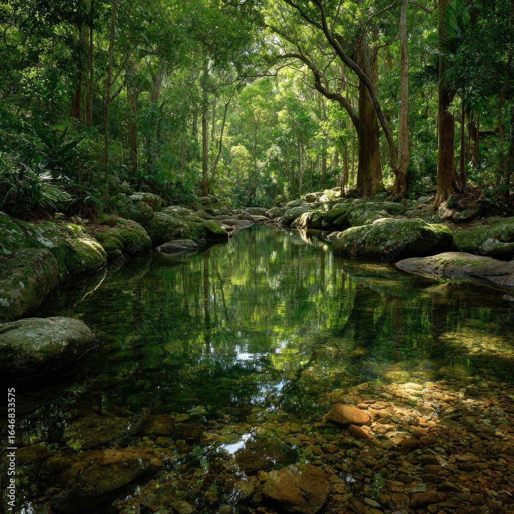 Crystal-clear stream reflecting lush forest canopy Crystal-clear stream reflecting lush forest canopy
