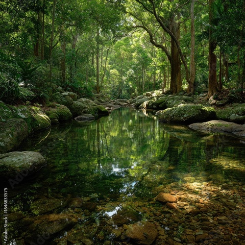 Crystal-clear stream reflecting lush forest canopy
