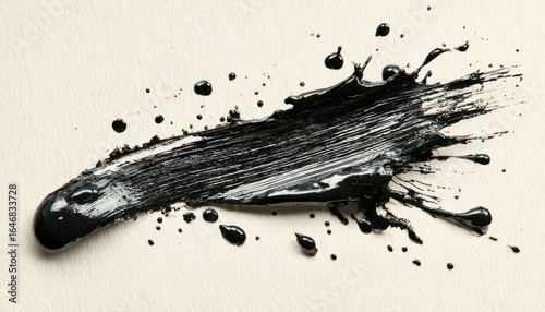 Black paint stroke with splatters on cream background